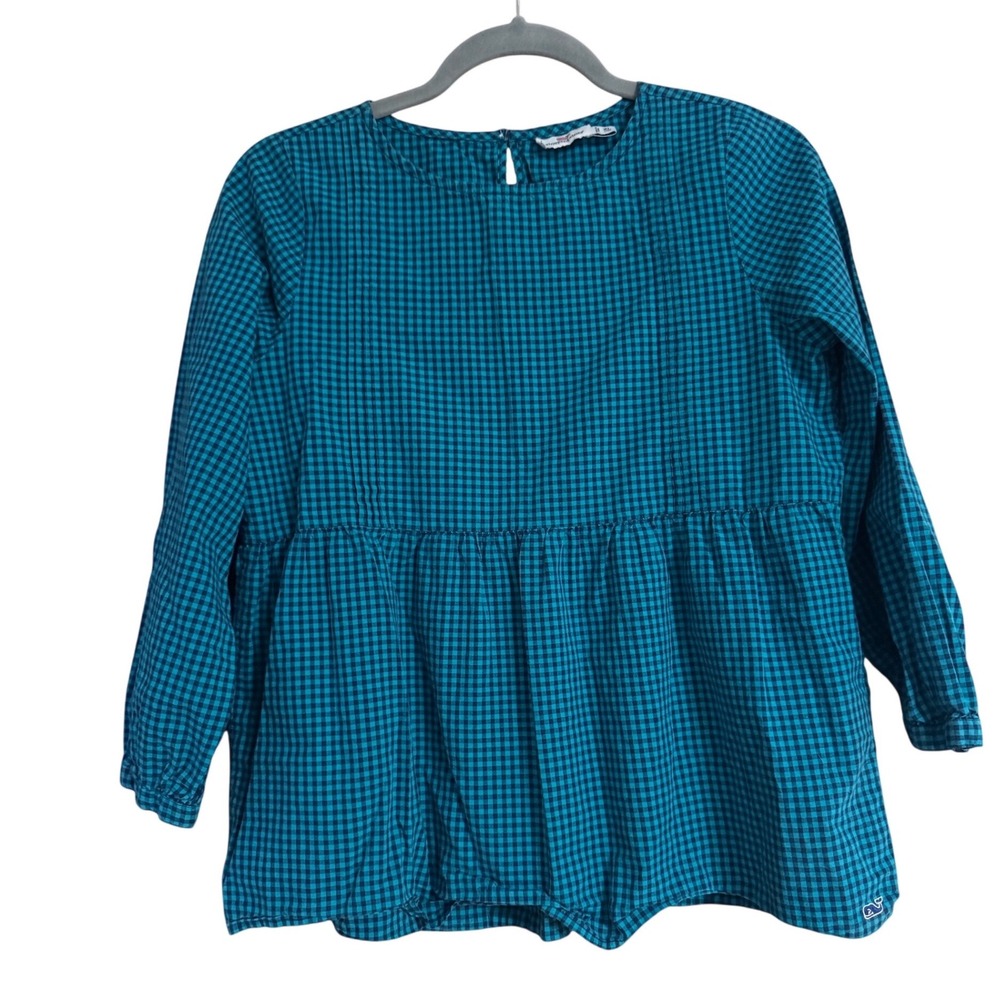 Vineyard Vines Girls XL 16 Gingham Peplum Top Teal Blue Long Sleeve Blouse